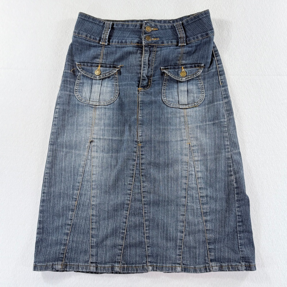 Out Jeans Denim Skirt Womens Small Blue Cargo Midi Y2K Retro Utility